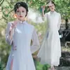 Nuevo vestido de té de estilo nacional mejorado estilo chino para mujer, vestido Zen, vestido de gasa, blanco con flecos azules, Sudeste Asiático