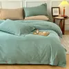 Juego de 4 piezas de funda de edredón de algodón lavado color puro con botones estilo japonés, sábanas, dormitorio de estudiante, juego simple de 3 piezas