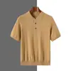 Camiseta de punto de manga corta para hombre, estilo verano nuevo transfronterizo, mezcla fina de seda de morera y lana, cuello polo, color liso