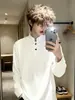 Camiseta Henley de color blanco grisáceo, corte regular, manga larga para hombre, sudadera de peso pesado otoño estilo americano patchwork deconstruido, capa base de cuello alto