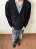 Suéter Retrô Americano de Manga Longa para Homem 2025 Gola V Tricô Falso de Duas Peças Jaqueta de Nicho