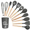 Espátula de Silicona con Mango de Madera, Cuchara para Sopa, Colador, Juego de 12 Piezas, Sartén Antiadherente, Espátula de Silicona, Juego de Utensilios de Cocina de Silicona Resistentes a Altas Temperaturas