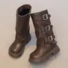 Botas de Cano Alto para Meninas 2026 Outono Novo Retro Botas de Cowboy Ocidental Crianças Médias e Grandes Moda Mais Veludo Antiderrapante Botas de Motocicleta