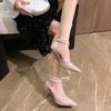 Tacones Altos para Mujer 2025 Nuevos Zapatos de Boda de Cristal Francés Tacón de Aguja Punta Fina Perla Sandalias Huecas Tacones de Aguja para Mujer