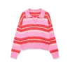 Roupas Femininas Transfronteiriças Verão 2026 Moda Europeia e Americana Casual Gola Polo Solta Manga Longa Tricô Listrado Atacado de Alta Qualidade