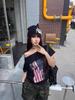 Camiseta de Algodão Puro Manga Curta para Mulheres com Ombro a Ombro Ombro a Ombro Estampada Manga Meia Manga com Ombros Inclinados Estilo de Rua Manga Três Quartos Estilo Americano