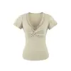 Camiseta Blanca de Manga Corta con Escote en V y Encaje Puro Deseo para Mujer, Verano Ajustada al Cuerpo con Diseño Único Retorcido, Top Corto Sexy