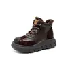 Botas de Inverno Femininas 2026 Cor Retro Bloco de Cores Solado Grosso Leve Quente Cano Alto Algodão, Feitas de Couro Bovino de Camada Superior com Forro de Lã