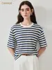 Camiseta de Lona para Mujer Nueva Casual Simple Retro Rayada Cuello Redondo Manga Corta Top Veraniego Holgado Adelgazante para Mujer
