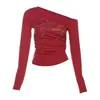 Camiseta Asimétrica de Manga Larga con Hombros Descubiertos, Letras de Pedrería, Estilo Trendy, al por Mayor Transfronterizo, Top Fruncido Estilo Tailandés para Mujer