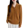 Suéter tejido de lana para mujer de otoño e invierno con cuello mandarín, tejido de ochos pequeños con patrón de rombos, suéter grueso de manga larga de dos botones, top suave y acogedor