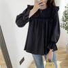Primavera 2024 Nuevo Coreano Literario Holgado Más Fácil de Combinar Top Babydoll Camisa Blanca Plisada de Manga Larga con Cuello Redondo para Mujer
