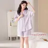 Pijama Novo de Verão 2026 Feminino Confortável Algodão Puro Manga Curta Conjunto de Shorts Gaze de Camada Dupla Fino Respirável Roupa de Casa