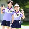 Uniforme de jardim de infância, jaqueta de baseball de outono, conjunto verde e roxo, uniforme de classe de escola primária, uniforme escolar de verão de três peças, todo em algodão