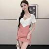 Pequeno Desejo Puro Estilo de Rua Doce Apimentado Cinto na Cintura Francês Ajuste Slim Color-Block Patchwork Cordão Franzido Bodycon Vestido