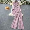 Traje de moda para mujer estilo coreano casual estilo perezoso con tiras cintura ajustada longitud media camisa con perforaciones calientes pantalones rectos de cintura alta pierna ancha