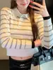 Camiseta tipo polo a rayas con bloques de color estilo Miu para mujer, adelgazante, para usar en capas, top con solapa, otoño