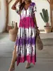Vestido Casual Feminino Plus Size Europeu e Americano, Verão Estampa Digital Fenda Decote V Estilo de Rua Manga Curta