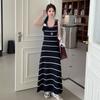 Vestido de Crochê Tricotado Listrado Preto e Branco Color-Blocking Estilo Férias Transfronteiriço, Vestido Longo Justo