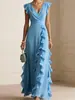Nuevo vestido transfronterizo de estilo europeo y americano con mangas acampanadas pequeñas, volantes grandes, cuello en V, cintura alta, gasa y diseño hasta el suelo