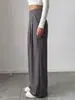 Calça social feminina de cintura alta, perna larga, estilo europeu e americano, em V, plissada, com caimento fluido, modelagem solta, comprimento até o chão, exclusiva para exportação.