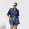 Traje de Dos Piezas de Mezclilla Casual Retro Transfronterizo Europeo y Americano Camisa de Manga Corta Suelta para Mujer Ropa de Primavera y Verano