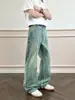 Jeans ajustados azules de estilo retro americano para hombre, pantalones de pierna recta con ribete blanco, pantalones versátiles casuales de cuatro puntadas ligeramente acampanados