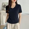 Blusas Camisetas de Acetato Cor Sólida com Decote V de Manga Curta para Mulheres 2025 Verão Novo Estilo Casual Solta Tricotada Camiseta Básica
