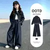 Conjunto Jeans Feminino Primavera e Outono Duas Peças Calça Wide Leg Jaqueta Estilosa Infantil Calça Longa Crianças de Meia-Idade e Mais Velhas Roupa Casual Tendência