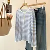 26 Verano Nuevo Estilo Coreano Casual Cuello Redondo Rayada Tejida Lyocell Lino Manga Larga Protección Solar Blusa para Mujer