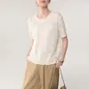 Camiseta de Punto de Verano Nuevo Estilo Mezcla de Lino Lyocell Tencel con Ganchillo Hueco Cuello Redondo para Mujer, Top Holgado Transpirable