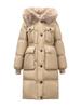 Abrigo Largo de Plumas de Moda de Gama Alta con Cuello de Piel de Mapache para Mujer 2026 Invierno Bolsillo Grande Cintura Ajustable Chaqueta de Trabajo por Encima de la Rodilla