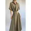 Vestido largo hasta la rodilla talla extra para mujer, de manga corta, 200 tallas extra, elegante, entallado en la cintura, cuello de camisa, vestido adelgazante para mujeres de talla grande, verano