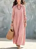 Amazon Transfronteiriça Europa e América Outono Inicial Novo Cor Sólida Linho Manga Longa Roupão Vestido Casual Solto Roupas Femininas Saia