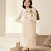 Vestido de Tricô com Gola Lapela Liso de Lã Pura Outono/Inverno Novo para Mulheres, Manga Longa, Cor Sólida, Canelado, Macio, Quente, Comprimento Médio