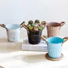 Maceta de Lata Vintage Estilo Americano con Rayas Verticales Desgastadas y Cuerda de Cáñamo, Tubo Pequeño para Florero de Balcón o Escritorio, Maceta para Suculentas, Cubo de Almacenamiento de Hierro Forjado