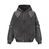 Jaqueta com capuz desgastada lavada, algodão lona, marca punk moderna, roupas masculinas de primavera e outono, orientada para o design, patchwork desconstruído, estilo deserto