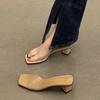 Chinelos Transparentes Femininos para Uso Externo 2024 Nova Moda Versátil Sandálias de Salto Médio e Grosso para Crianças