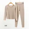 Outono e Inverno novo autoaquecedor de Veludo roupa íntima térmica feminina conjunto gola redonda sem costura elástico escovado duplo roupa de baixo