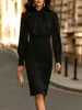 Nuevo vestido transfronterizo europeo y americano de Amazon con cuello de lazo, manga larga, ceñido a la cintura, corte ajustado, bodycon, elegante, adecuado para ir al trabajo