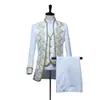 Terno formal masculino estilo europeu com detalhes em dourado, traje de corte, conjunto de terno masculino de três peças com colete, figurino de estúdio, traje preto e branco para palco de ópera