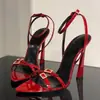Sandalias de tacón alto para mujer, nueva colección de verano 2026, diseño de punta abierta con adornos de pedrería, detalle de correa única con hebilla, tacón de aguja, charol, zapatos sexys para mujer