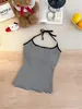 Camisola Sexy Caliente de Encaje Rayado con Cordones Halter Color Sólido con Almohadillas de Sujetador Integradas Ropa Interior Ropa Exterior Top Versátil para Mujer
