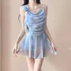 [Pensamientos de la chica] Traje de baño de alta gama con color degradado para mujer, tipo boxer de una pieza, que cubre la carne y blanquea, Traje de baño para resort de aguas termales