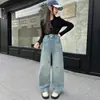 Temporada de Primavera Tallas Mediana y Grande Jeans para Niñas Ropa Infantil Jeans Holgados para Niñas con Lazo de Pedrería Color Claro Estilosos