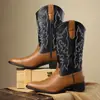Botas de Cowboy Ocidentais Masculinas Tamanho Grande Zíper Meio da Panturrilha Botas de Couro Bordadas Botas de Cavaleiro Retrô Botas de Couro Estilo Britânico Botas de Trabalho