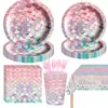 Decoración de Fiesta de Cumpleaños para Niñas Transfronteriza Escama de Pez Rosa Vajilla Bandeja de Papel Vaso de Papel Servilleta de Papel Mantel La Bandera Vajilla Desechable