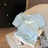 Verano 2025 Estilo Coreano Color de Contraste Falso Dos Piezas Hombro Derecho Manga Corta Camiseta Nueva para Mujer Pure Desire Chica Caliente Ajuste Delgado Top