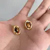Brincos Maillard Olho de Tigre Dourado Estilo Old Money para Mulheres, Luxo Acessível, Brincos e Brincos Retrô de Castanha Caramelo High-End