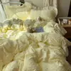 Primavera y Verano Clase A Suave y Amigable con la Piel Fresco Color Sólido Encaje Estilo Coreano Algodón Lavado Juego de Ropa de Cama de Cuatro Piezas para Dormitorio Juego de Tres Piezas